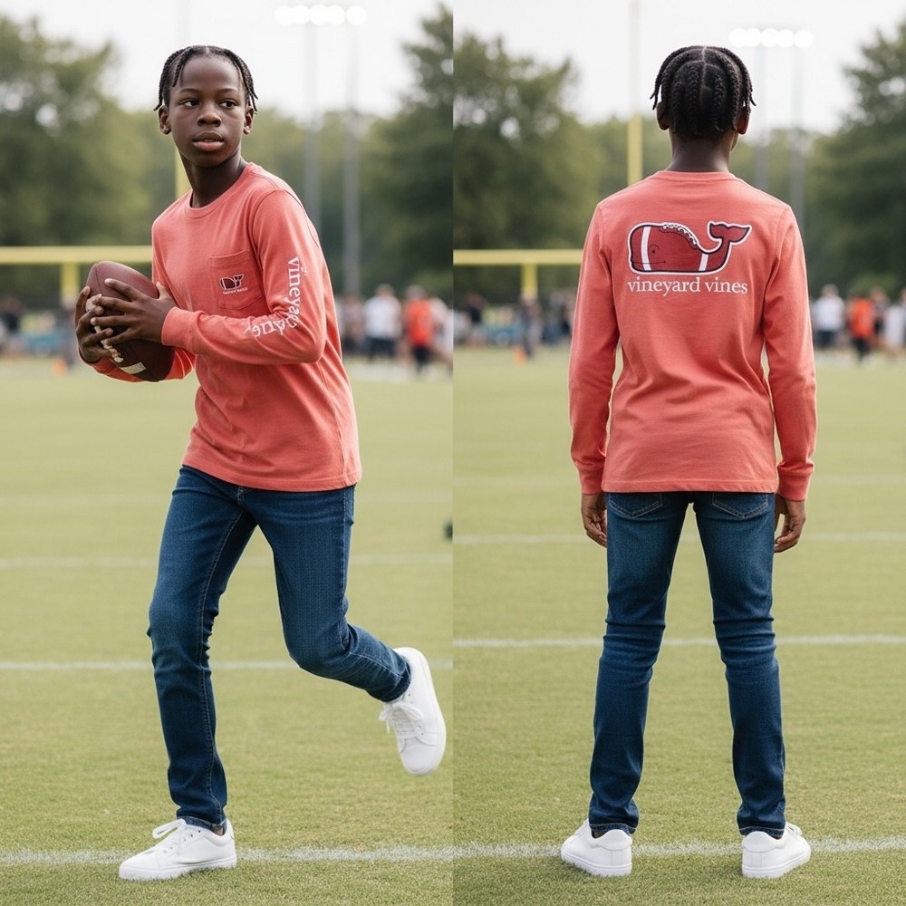Vineyard Vines Boys Coral Football Whale Long Sleeve Pocket‎ Tee Shirt L 16